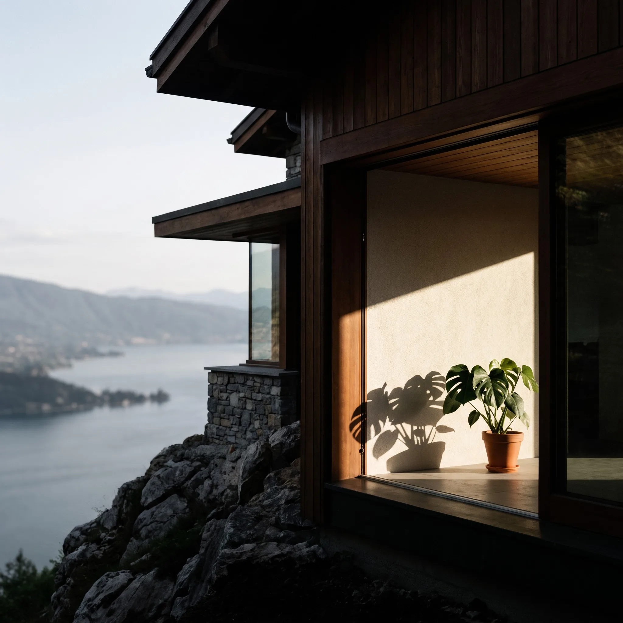Paysage de lac de montagne près d'Annecy, avec des habitations